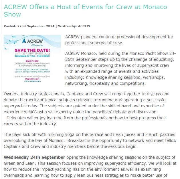ACREW Offers a Host of events for crew at Monaco Show